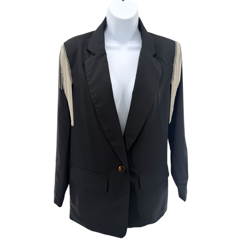 Black Chain Fringe Shoulder Blazer Small Western Glam Embellished Jacket Cowgirl